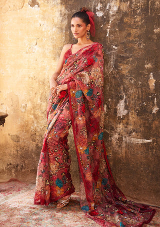 Varun Bahl-Old Rose Floral Printed Sari And Bralette-INDIASPOPUP.COM