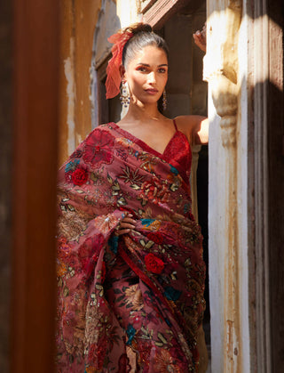 Varun Bahl-Old Rose Floral Printed Sari And Bralette-INDIASPOPUP.COM