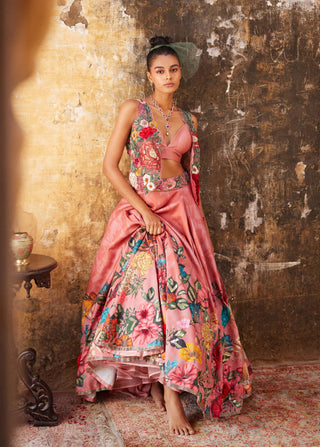 Varun Bahl-Old Rose Floral Printed Lehenga And Gilet Set-INDIASPOPUP.COM