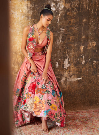 Varun Bahl-Old Rose Floral Printed Lehenga And Gilet Set-INDIASPOPUP.COM