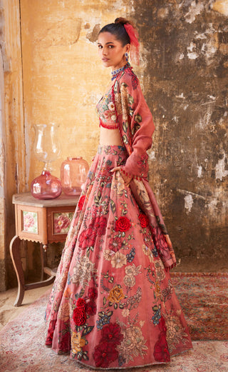 Varun Bahl-Old Rose Floral Printed Lehenga Set-INDIASPOPUP.COM
