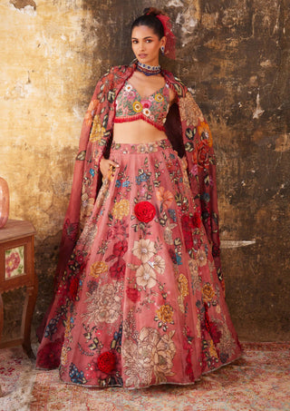 Varun Bahl-Old Rose Floral Printed Lehenga Set-INDIASPOPUP.COM