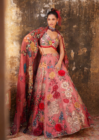 Varun Bahl-Old Rose Floral Printed Lehenga Set-INDIASPOPUP.COM