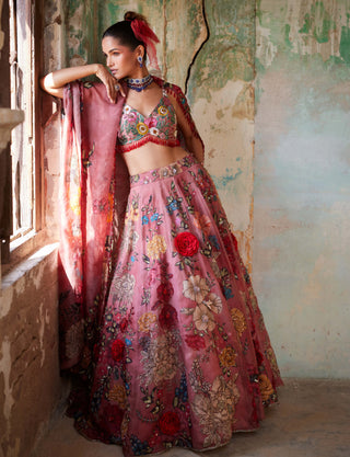 Varun Bahl-Old Rose Floral Printed Lehenga Set-INDIASPOPUP.COM