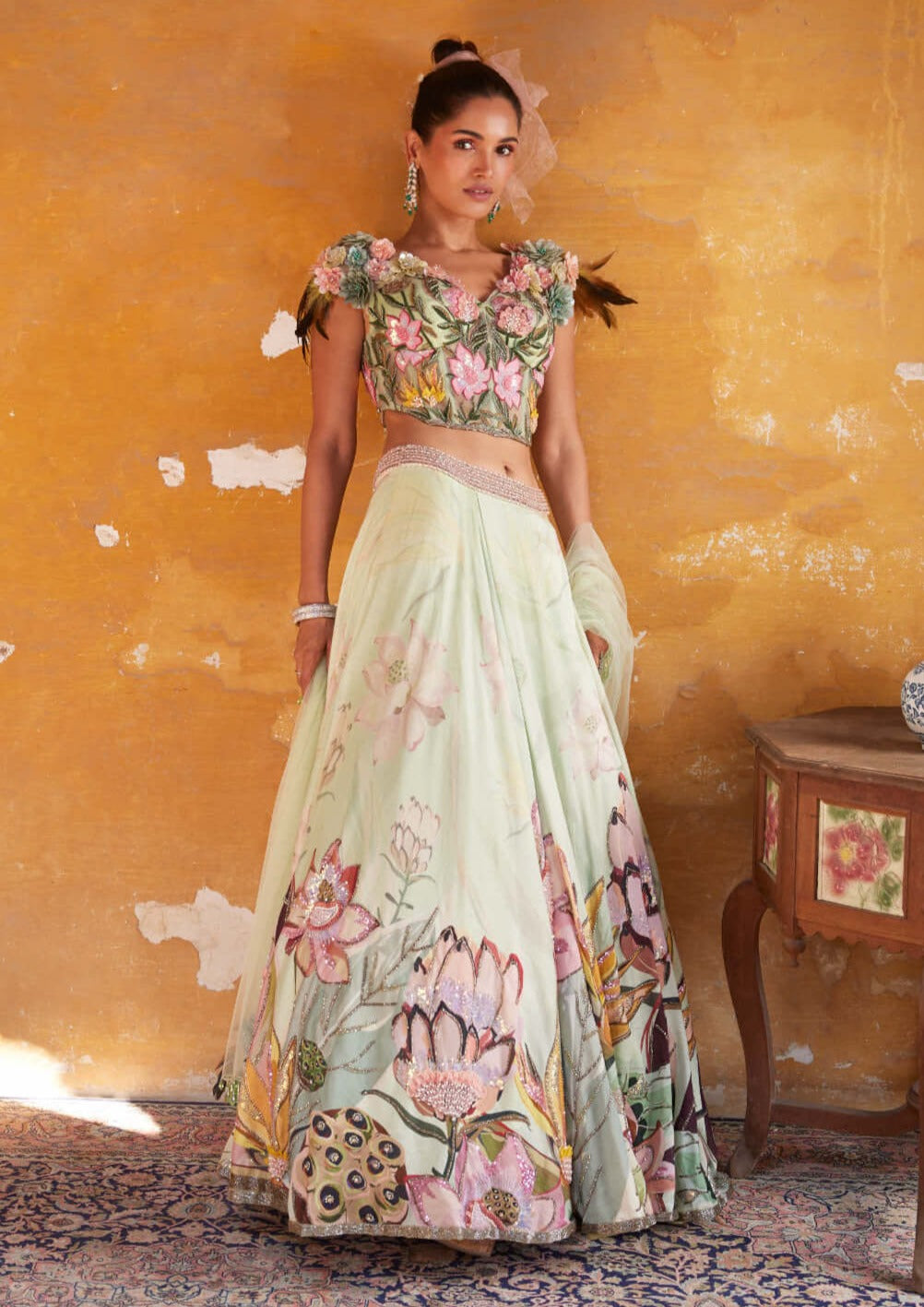 Hari neel blue green lehenga set main image 0