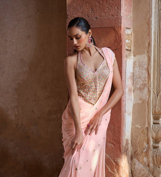 Tamanna Punjabi Kapoor Peach Corset And Pre-Draped Sari available on indiaspopup