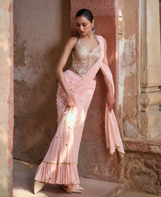 Tamanna Punjabi Kapoor Peach Corset And Pre-Draped Sari available on indiaspopup