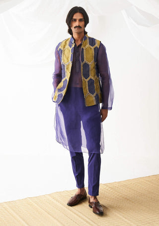 Itrh Men-Olive Blue Hexagon Bandi And Kurta Set-INDIASPOPUP.COM