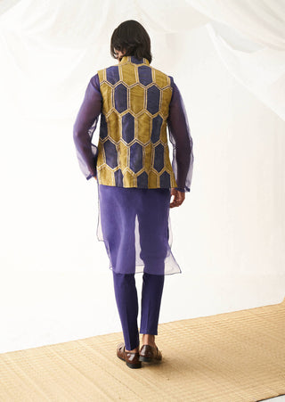 Itrh Men-Olive Blue Hexagon Bandi And Kurta Set-INDIASPOPUP.COM