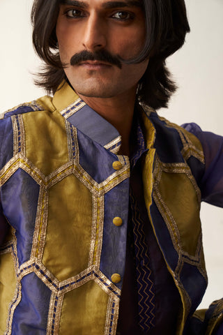 Itrh Men-Olive Blue Hexagon Bandi And Kurta Set-INDIASPOPUP.COM