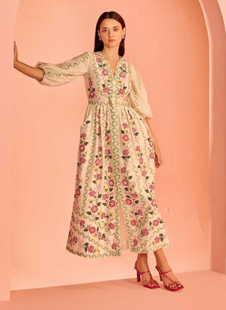 Ivory Floral Vines Midi Dress by Chandrima available on Indiaspopup.com