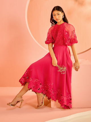 Fuchsia Rose Cutwork Flounce Dress by Chandrima available on Indiaspopup.com