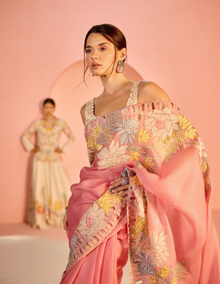 Ivory Tonal Cutwork Bustier And Pink Sari by Chandrima available on Indiaspopup.com