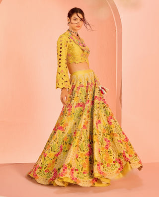 Yellow Cutwork Bolero Jacket And Lehenga by Chandrima available on Indiaspopup.com
