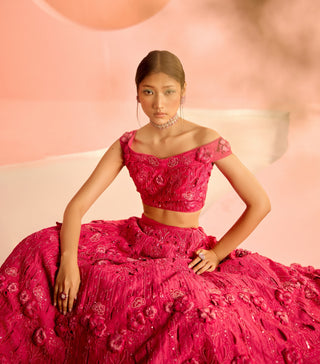 Fuchsia Cutwork Bustier And Lehenga by Chandrima available on Indiaspopup.com