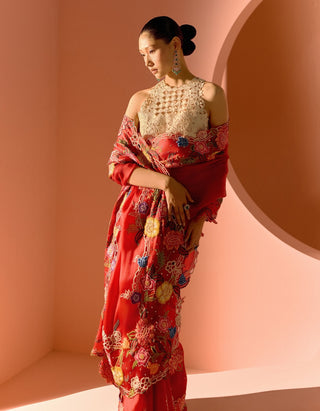 Red Floral Embroidered Sari And Blouse by Chandrima available on Indiaspopup.com