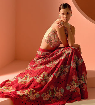 Ivory Scallop Embroidered Top And Red Lehenga by Chandrima available on Indiaspopup.com