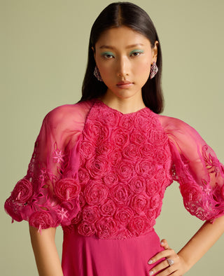 Fuchsia Rose Cutwork Flounce Dress by Chandrima available on Indiaspopup.com