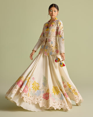 Ivory Pastel Peplum Jacket And Lehenga by Chandrima available on Indiaspopup.com