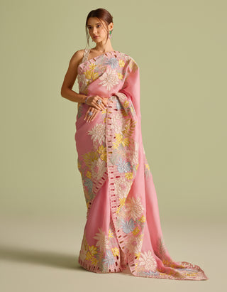 Ivory Tonal Cutwork Bustier And Pink Sari by Chandrima available on Indiaspopup.com