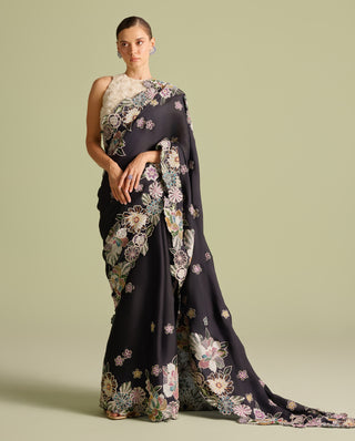 Ivory Rose Textured Top And Black Sari by Chandrima available on Indiaspopup.com