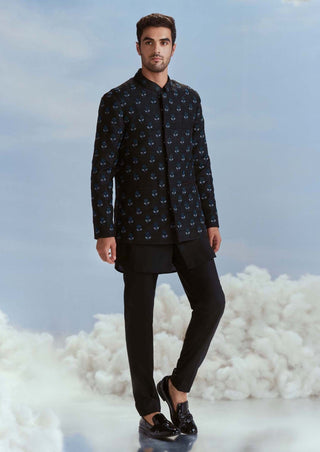 Nachiket Barve Men-Black Pearl Nawab Boota Bandhgala Set-INDIASPOPUP.COM