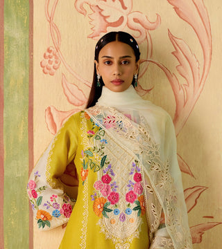 Yellow and ivory embroidered kurta set