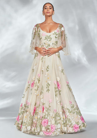 Shriya Som-Nude Floral Gown With Pearl Belt-INDIASPOPUP.COM