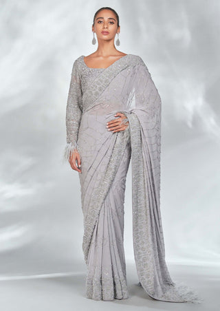 Nitika Gujral-Grey Sequence Georgette Sari Set-INDIASPOPUP.COM