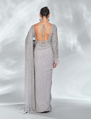 Nitika Gujral-Grey Sequence Georgette Sari Set-INDIASPOPUP.COM