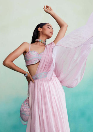 The Right Cut-Orchid Pink Bloomsy Skirt And Sari-INDIASPOPUP.COM