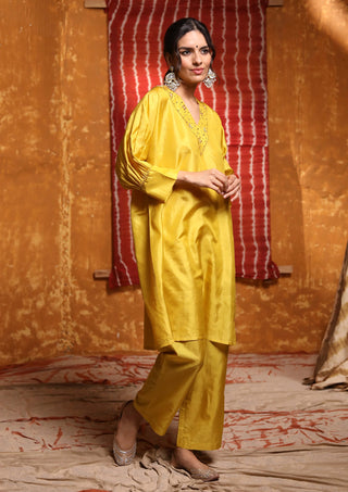 Shivani Bhargava-Mustard Silk Tunic And Pants-INDIASPOPUP.COM