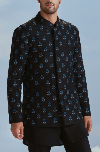 Nachiket Barve Men-Black Pearl Nawab Boota Bandhgala Set-INDIASPOPUP.COM