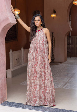 Maroon paisley halter-neck maxi