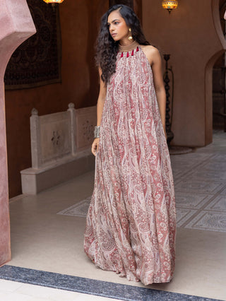 Maroon paisley halter-neck maxi