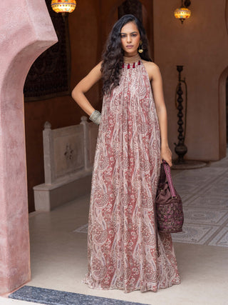 Maroon paisley halter-neck maxi