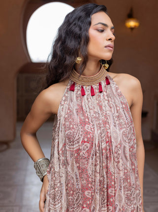Maroon paisley halter-neck maxi