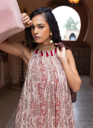 Maroon paisley halter-neck maxi