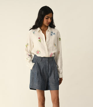 Uniflora denim pleated shorts