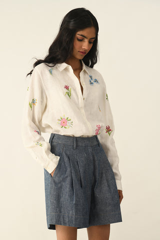 Uniflora denim pleated shorts