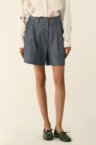 Uniflora denim pleated shorts