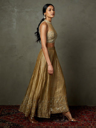 Ri.Ritu Kumar-Antique Gold Rohira Embroidered Blouse And Palazzo-INDIASPOPUP.COM
