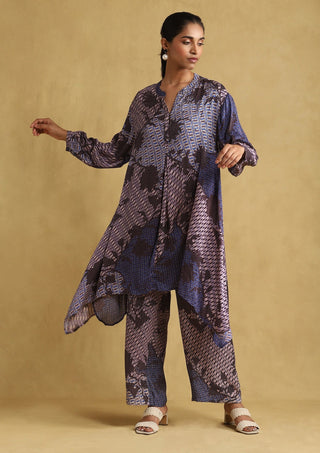Ritu Kumar-Blue Print Asymmetric Kurta And Palazzo-INDIASPOPUP.COM