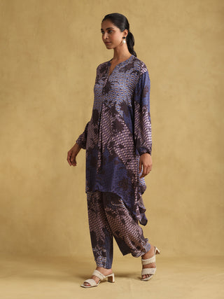 Ritu Kumar-Blue Print Asymmetric Kurta And Palazzo-INDIASPOPUP.COM