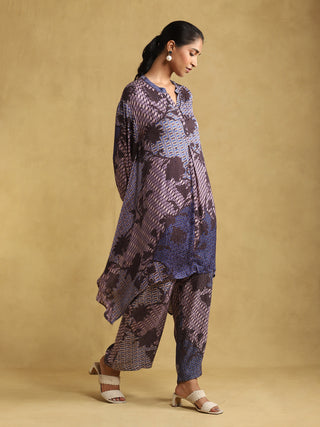 Ritu Kumar-Blue Print Asymmetric Kurta And Palazzo-INDIASPOPUP.COM