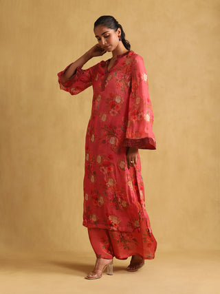 Ritu Kumar-Coral Floral Print Organza Kurta And Palazzo-INDIASPOPUP.COM