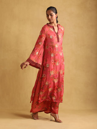 Ritu Kumar-Coral Floral Print Organza Kurta And Palazzo-INDIASPOPUP.COM