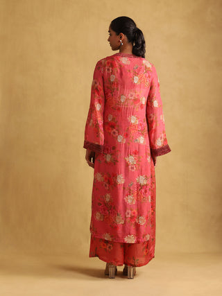 Ritu Kumar-Coral Floral Print Organza Kurta And Palazzo-INDIASPOPUP.COM