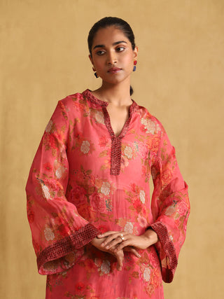 Ritu Kumar-Coral Floral Print Organza Kurta And Palazzo-INDIASPOPUP.COM