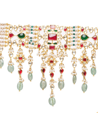 Mawya red and green kundan choker and earrings